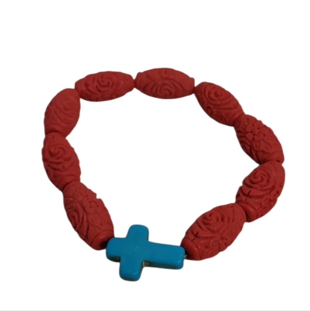 Carved Cinnabar Barrel Beads & Turquoise Cross Stretch Bracelet